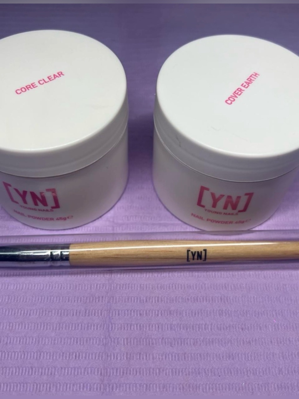 Young Nails Acrylic Powder Set- Core Clear & Cover Earth 45 mg with YN Brush.